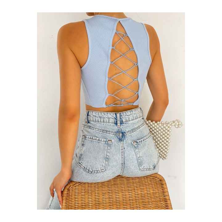 Women's Back Cross Tie Zero Sleeve Blue Camisole Blouse