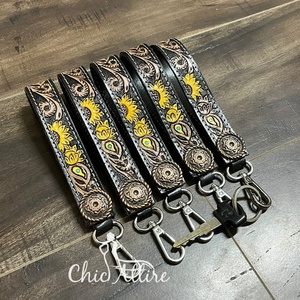 Vintage Travel Hand <b>Tooled</b> Genuine <b>Leather</b> Sunflower Leaf Design Metal Concho Multi Color Safety Keychain With Wristlet Strap - Product Image 1