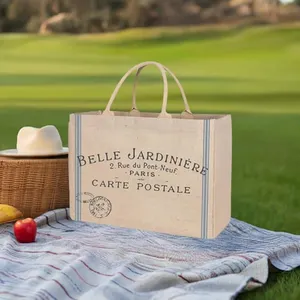 Bolsa de linho feminina com estampa de logotipo personalizado, sacola de viagem reutilizável para produtos de compras, sacola de juta para presente