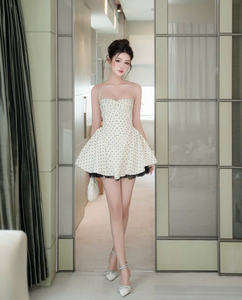 Classic Black and White Polka Dot Halter Mini <b>Dress</b> Voluminous Skirt with Tulle Hem Made in Vietnam - Product Image 1