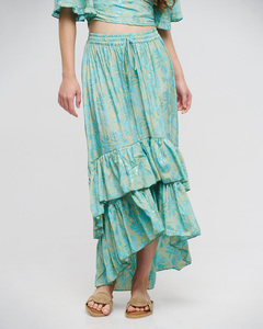 Jupe longue bleu clair et doré, taille ajustable, haut à col en V et manches mi-longues, jupe évasée avec boutons dorés, 100 % coton biologique - Product Image 4