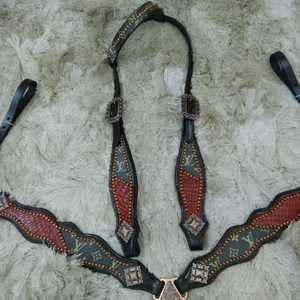 Kaamkaaj KKJ01 Conjunto de aparejos de equitación de cuero genuino estilo western, de alta tendencia, con cierre de hebilla y incrustaciones impresas personalizables - Product Image 4