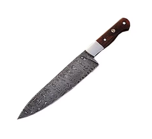 Couteau de chasse et de camping Bowie à lame fixe en acier Damas, fabrication artisanale, manche en bois, lame à pointe tombante, personnalisable OEM PRESTIGE BLADES - Product Image 2