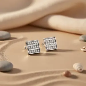 925 Silver <b>Square</b> Cut <b>Diamond</b> Stud <b>Earrings</b> for Women - Product Image 2