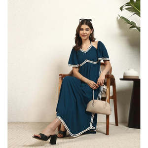 Deebaco Women's Navy Blue Off-Shoulder Maxi <b>Dress</b> With Contrast Binding Loose Boho Style Chiffon Summer Casual One Piece <b>Dress</b> - Product Image 1
