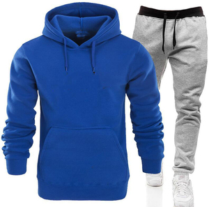 เสื้อฮู้ดสีน้ำเงินสำหรับผู้ชาย กางเกงจ็อกเกอร์สีเทา ชุดลำลองแบบสวมใส่สบาย สีพื้น แขนยาว ดีไซน์เชือกผูกเอว ทรงปกติ ดีไซน์ 2 in 1 - Product Image 1