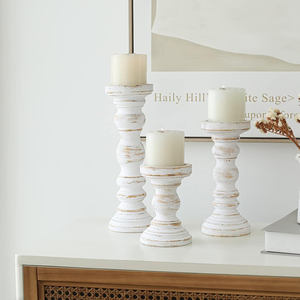 Premium Hand Carved Mango Wood <b>Pillar</b> <b>Candle</b> <b>Holder</b> Set of 3 Rustic White Decorative Wooden Tabletop <b>Candle</b> Stands Cheap Price - Product Image 5