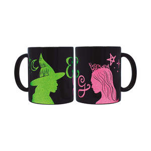 Mug à paillettes Wicked au design moderne, imprimé Glinda Elphaba des deux côtés, compatible micro-ondes, 320 ml, en grès, logo personnalisable pour les fêtes - Product Image 1