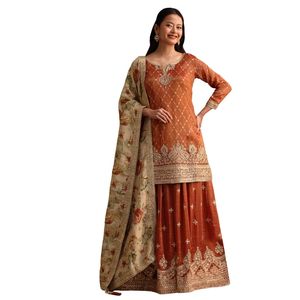 Traje Palazzo bordado marrón y dorado con Dupatta, venta al por mayor, Ropa Étnica para mujer, proveedor de fábrica de ropa OEM, traje personalizado - Product Image 1