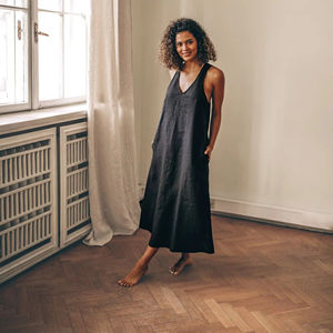 เดรสมิดิผ้าลินินสีดำเรียบง่ายสำหรับผู้หญิงแขนกุดมีกระเป๋าขนาดใหญ่ทอรอบเอวธรรมชาติ - Product Image 1