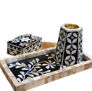 Arabian Traditional Indoor <b>Incense</b> <b>Burner</b> Gift Set <b>Electric</b> Bakhoor <b>Burner</b> with Floral Bone Inlay Square Wood and Mop Material - Product Image 1