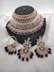 Luxury Purple Stone <b>Pearl</b> <b>Choker</b> <b>Necklace</b> Set with Earrings & Maang Tikka for Bridal & Party Wear - Product Image 2