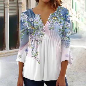 <b>Womens</b> <b>Shirt</b> Blouse Light Blue White <b>Pink</b> Floral Button Print 3/4 Length Sleeve Casual Holiday Basic V Neck Ladies Blouses - Product Image 6