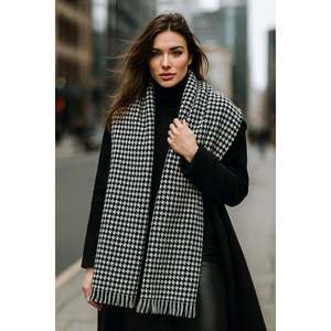 Women's Black Houndstooth Pattern Scarf - Shawl 70x180 Cm Sal1220 - Black1 - Product Image 2