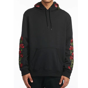 <b>Men's</b> Black 100% Cotton Oversized Autumn Zipper-Up Hoodie <b>Red</b> Floral Embroidery Sleeve Detail Drawstring Hood Kangaroo Pocket - Product Image 2
