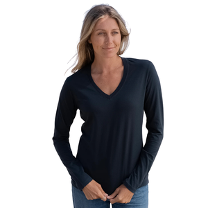 T-shirt à manches longues pour femme, bleu marine, col en V, 100% coton biologique de luxe, pré-rétréci, certifié GOTS, coupe classique, doux et premium - Product Image 6