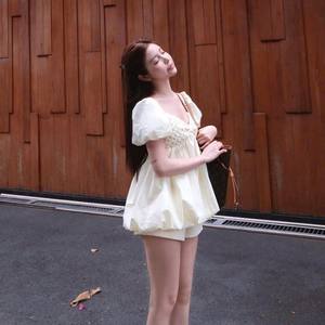 Factory Wholesale White Short Sleeve Babydoll Dress with Inner Shorts - Product Image 1