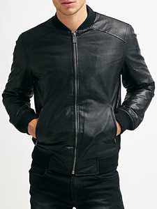 Chaqueta bomber de cuero de piel de oveja negra sólida de moda clásica para hombre con dos bolsillos interiores de invierno - Product Image 3