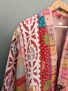 Women's Long Winter Coat Cut Work Multi-Patchwork Quilted Kantha <b>Kimono</b> Cotton-Filled Jacket for Work <b>Belt</b> Finished Product - Product Image 6