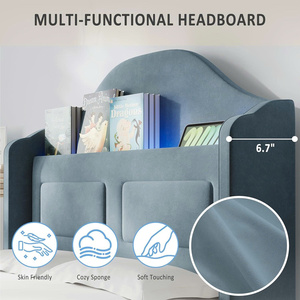 เตียงคู่ TRIHO-HB-059 พร้อมหัวเตียงแบบมีชั้นวางหนังสือ, เตียงเด็กหุ้มกำมะหยี่แบบมีพนักพิง, พร้อมลิ้นชักเก็บของ, ไม่ต้องใช้ฐานรองเตียง - Product Image 4