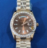 Reloj de Lujo de Acero Inoxidable con Esfera de Chocolate, Color Rosa, Cristal Analógico, Automático, Estilo Hip Hop, con Diamantes Cultivados en Laboratorio, Solo Bisel con Incrustaciones