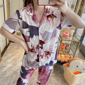 Ropa de dormir de manga corta para mujer, pantalones largos, conjuntos de 2 uds., pijamas de dibujos animados, ocio, solapa dulce coreana con botón, ropa de casa para mujer - Product Image 5