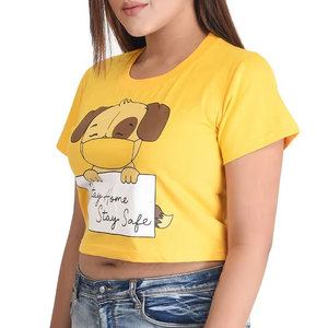 Camiseta Corta Amarilla para Mujer, con Estampado de Perro de Dibujos Animados, Cuello Redondo, Manga Corta, Informal, 100% Algodón Jersey, Corte Regular - Product Image 6