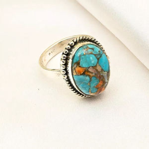 Hermoso bohemio de moda 925 Plata de Ley 10x14mm anillo ovalado Natural ostra cobre turquesa piedra preciosa joyería fina para mujer - Product Image 6