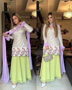 Travail de broderie indienne prêt à l'emploi 3 pièces ensemble concepteur pakistanais vêtements ethniques Georgette tissu Sharara Gharara Kurti cousu - Product Image 3