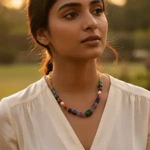 Collar de Mujer con Cuentas de Piedras Preciosas, Cadena de Plata de Ley Estilo Bohemio con Cuarzo, Ágata, Coral, Concha, Turquesa, Religioso - Product Image 2