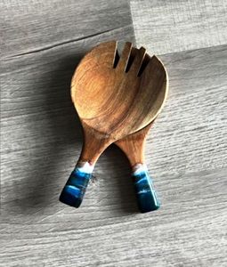 Ensemble de serveurs à salade avec manche en résine, ensemble d'outils de cuisine en bois de mangue d'acacia naturel disponible en Inde - Product Image 1