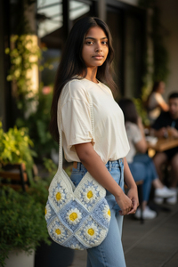 Bolso de Hombro de Algodón Tejido a Crochet Hecho a Mano para Mujer, Bolso Tote de Punto con Diseño Floral de Margaritas, Bolso de Mano Estilo Boho Reutilizable y Ecológico - Product Image 3
