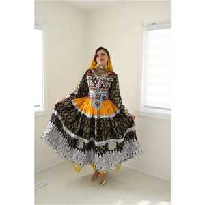 ชุดเดรสแบบดั้งเดิมของชาวอัฟกันชนเผ่ากุจิ ผ้ากำมะหยี่สีน้ำตาลแดงเหลือง ปักลายด้วยงานกระจกและเหรียญอย่างประณีต โดย AM IMPEX - Product Image 3