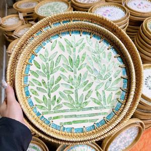 Mother of Pearl Mosaic Inlay Serving Tray, Premium Handmade <b>Wicker</b> Rattan Decorative Tray for Home Decor Wholesale Viettimecraft - Product Image 5