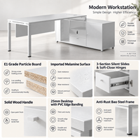 Bureau d'angle en forme de L, minimaliste, blanc, en panneaux de particules de 25 mm, grand meuble latéral, pieds en acier, pour bureau à domicile, salle d'étude