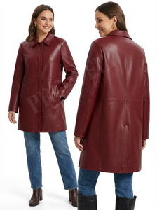 Vêtements d'extérieur tendance, manteau long en cuir, couleur bordeaux, cuir véritable doux, hiver, confortable, doux, manteaux en cuir classiques à boutons pour femmes - Product Image 5