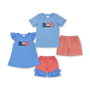 In Stock Baby Girls <b>Clothes</b> Outfits Embroidery Baseball Red Short Sleeve Blue Plaid Shorts Set - Product Image 6