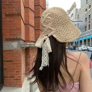Commodément pliable tissé à la main disquette chapeau de paille dentelle filles accessoire parfait pour les fêtes de voyage de plage de pêche en plein air quotidiennes - Product Image 3