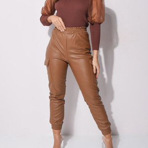 Pantalones de piel de oveja de alta calidad para mujer, Invierno 2025, cuero genuino marrón, transpirable y de cintura media, logotipo personalizado - Product Image 1