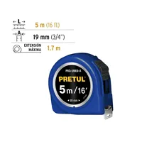 Mètre à ruban enroulable en plastique et acier inoxydable bleu BOX 6, 7,5 m, métrique, 19 mm, retour automatique, verrouillage manuel, portée 10 m, extrémité à crochet PRETUL