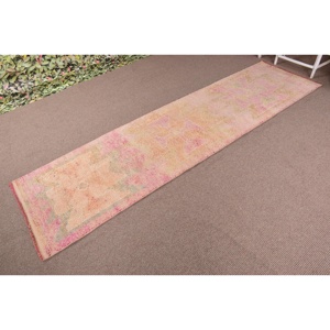 Turkish Vintage Herki Rug 2.5x9.8 ft Patchwork Design <b>Wool</b> Latex Backing Eco-Friendly Pink & <b>Yellow</b> Borders - Product Image 2