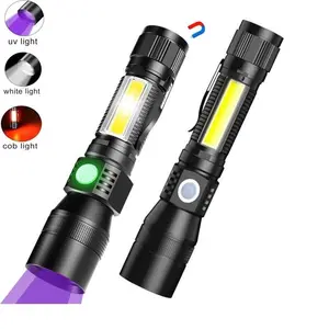 Linterna súper brillante de 7 modos, linterna magnética de bolsillo con ZOOM fuerte, linterna LED de luz negra UV EDC de Metal recargable