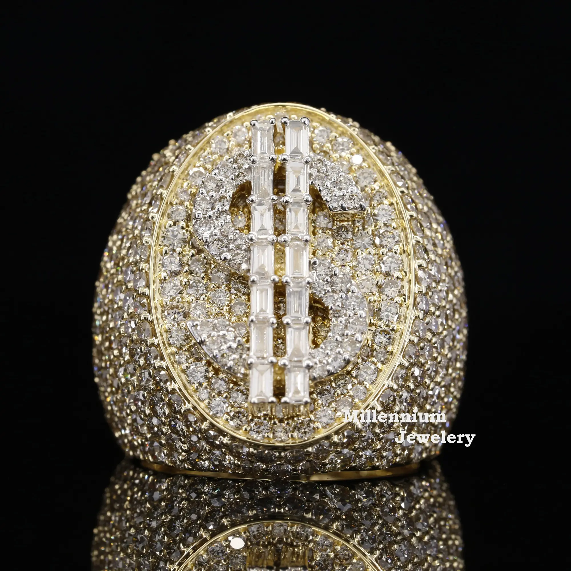 Cincin Hip Hop Moissanite kualitas Premium berlapis emas es keluar cincin tanda dolar perak Sterling 925 dengan harga grosir