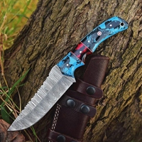 Couteau de camping artisanal en acier Damas, léger, durable, multifonction, lame fixe, bord partiellement dentelé, résine
