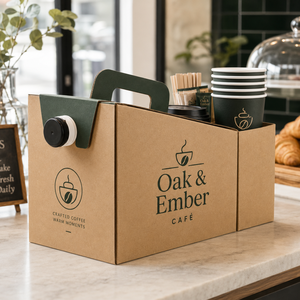 AT PACK Custom Printed Kraft Paper Coffee Takeaway Carrier Box with Handle for Cups Lids Straws and Café Packaging Supplies