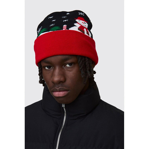 Christmas Theme Knit Beanie 100% Wool Folded Cuff Unisex Warm Winter <b>Hat</b> <b>Holiday</b> Style Jacquard Knit <b>Hats</b> - Product Image 2