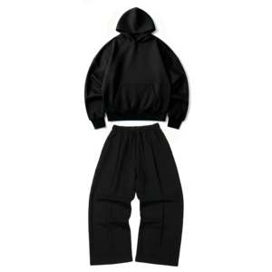 Conjunto de Sudadera con Capucha y Pantalones Holgados con Pliegues para Hombre, Orgánico con Certificación GOTS, Color Negro Medianoche, Ultra Pesado 520GSM - Product Image 1