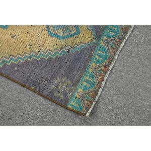 1.8x4.9 ft Turkish Vintage Rug, Small Rug, <b>Yellow</b> Blue Floral <b>Wool</b> Rug - Product Image 5