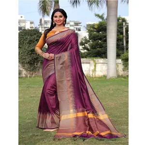 Sari tejido de seda cruda con borde tejido Temple y pallu de contraste con pieza de blusa de contraste