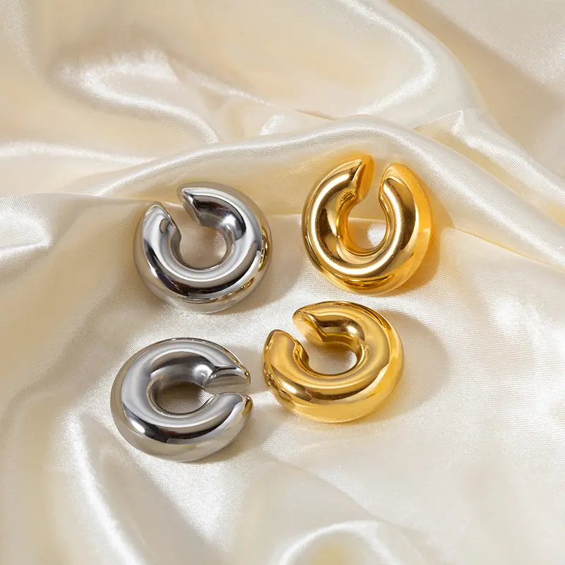 Best Selling Designer Waterproof Fashion Stainless Steel Cc Shape Statement Ear Clip Gold Silver Clip-on Hoop Earrings Ear